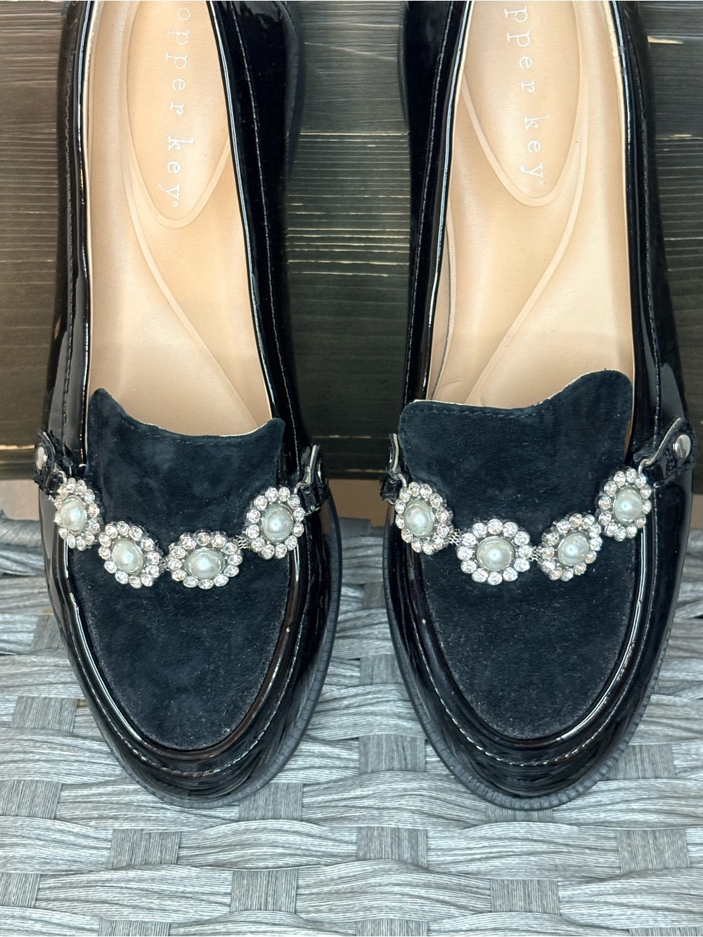 Copper Key Black Pearl & Crystal-Trim Loafers
